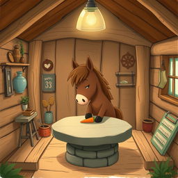 Inside a cozy wooden cabin, a cute brown pony is placing a carrot on a stone table