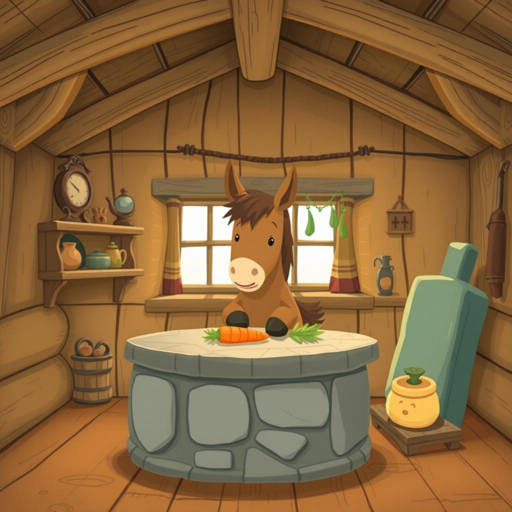 Inside a cozy wooden cabin, a cute brown pony is placing a carrot on a stone table