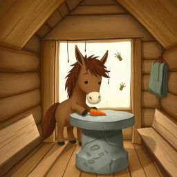 In a wooden cabin, a cute brown pony is placing a carrot on a stone table