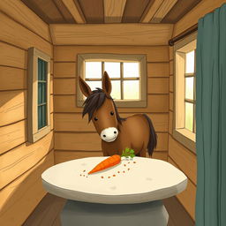 In a wooden cabin, a cute brown pony is placing a carrot on a stone table