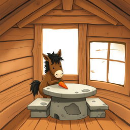 In a wooden cabin, a cute brown pony is placing a carrot on a stone table