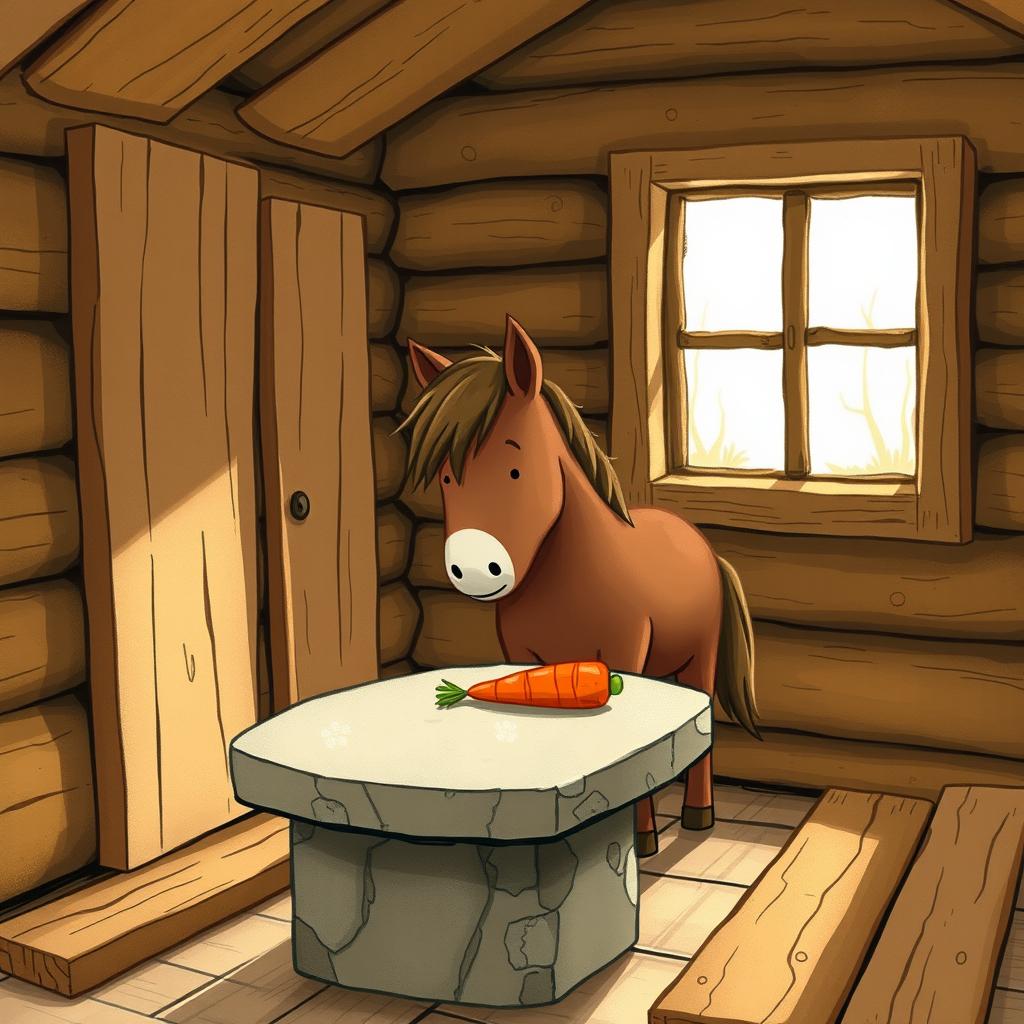 In a wooden cabin, a cute brown pony is placing a carrot on a stone table