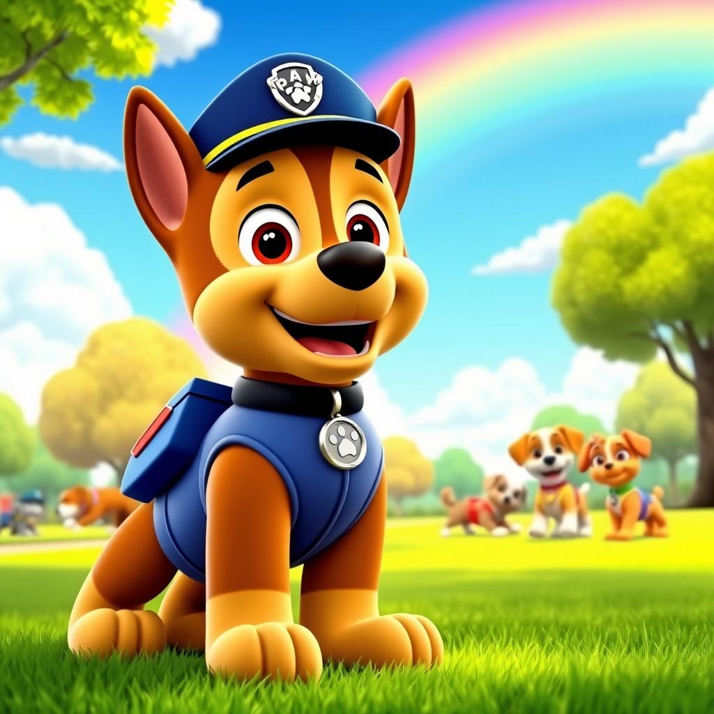 A vibrant and colorful scene featuring Chase from Paw Patrol, dressed in his police uniform and standing confidently with a smile