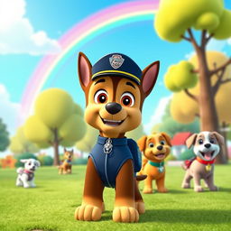 A vibrant and colorful scene featuring Chase from Paw Patrol, dressed in his police uniform and standing confidently with a smile