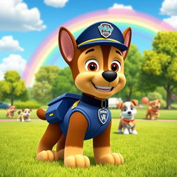 A vibrant and colorful scene featuring Chase from Paw Patrol, dressed in his police uniform and standing confidently with a smile