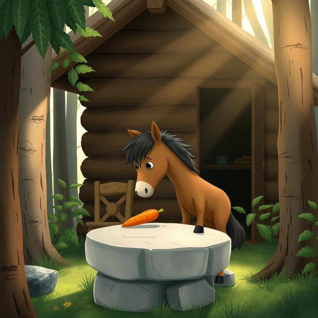 In a serene forest cabin, a cute brown pony is placing a carrot on a stone table