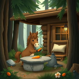 In a serene forest cabin, a cute brown pony is placing a carrot on a stone table