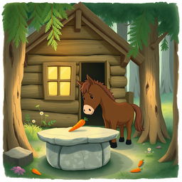 In a serene forest cabin, a cute brown pony is placing a carrot on a stone table