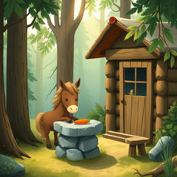 In a serene forest cabin, a cute brown pony is placing a carrot on a stone table