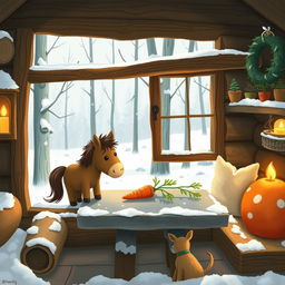 During winter, inside a cozy forest cabin, a cute brown pony is placing a carrot on a stone table