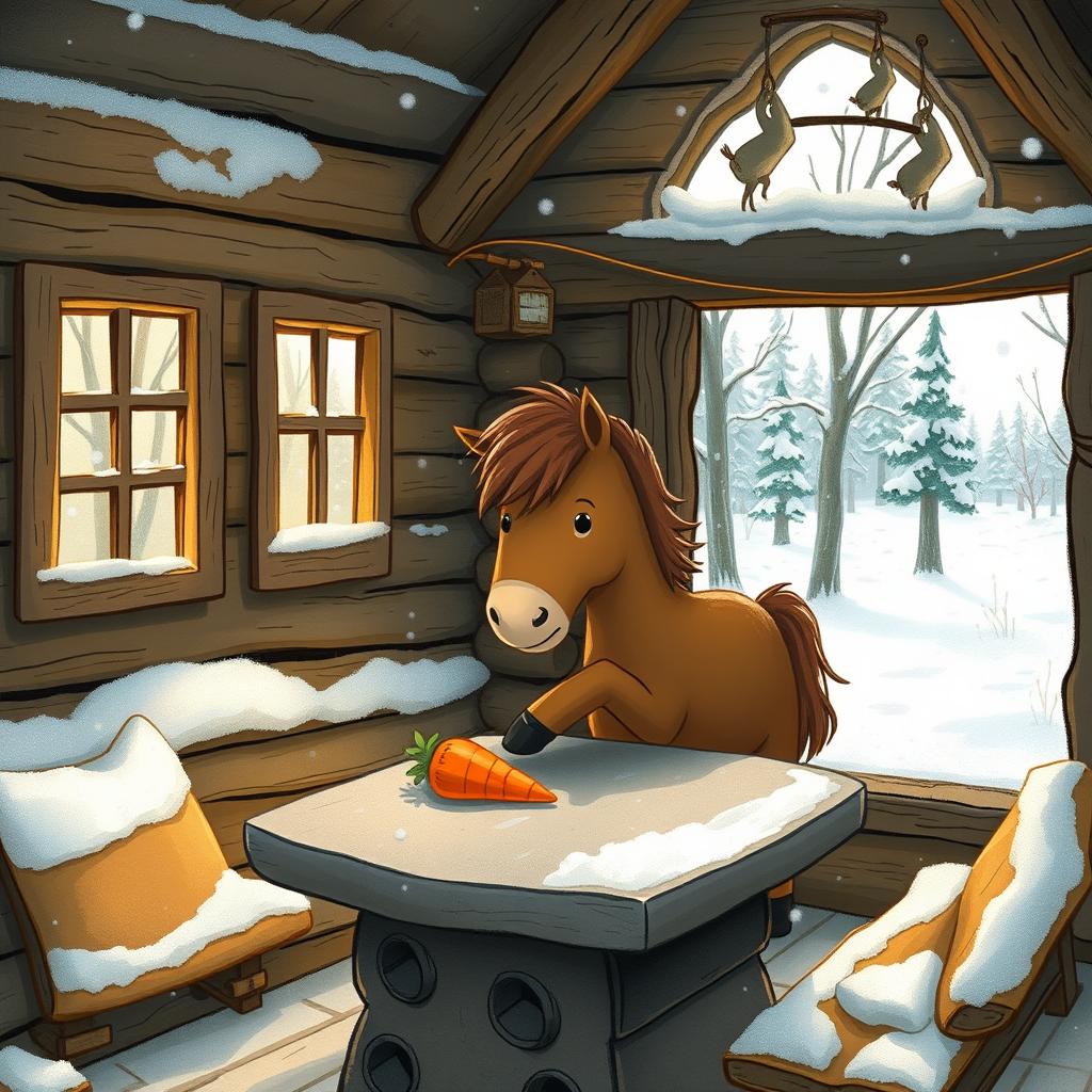 During winter, inside a cozy forest cabin, a cute brown pony is placing a carrot on a stone table
