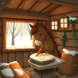 During winter, inside a cozy forest cabin, a cute brown pony is placing a carrot on a stone table