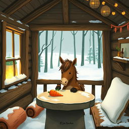 During winter, inside a cozy forest cabin, a cute brown pony is placing a carrot on a stone table