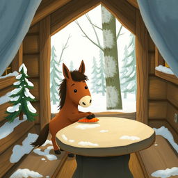 In a winter scene inside a forest cabin, a cute brown pony is placing a carrot on a stone table