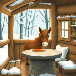 In a winter scene inside a forest cabin, a cute brown pony is placing a carrot on a stone table