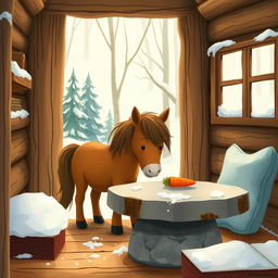 In a winter scene inside a forest cabin, a cute brown pony is placing a carrot on a stone table