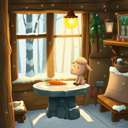 In a winter scene inside a cozy forest cabin, a cute brown lamb notices a carrot on a stone table