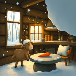 In a winter scene inside a cozy forest cabin, a cute brown lamb notices a carrot on a stone table