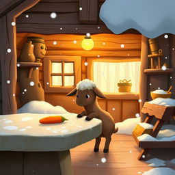 In a winter scene inside a cozy forest cabin, a cute brown lamb notices a carrot on a stone table