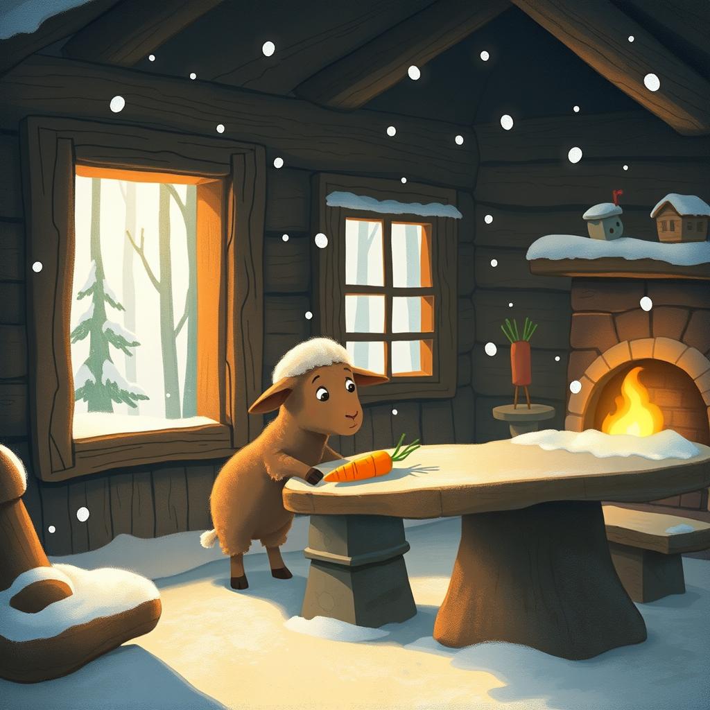 In a winter scene inside a cozy forest cabin, a cute brown lamb notices a carrot on a stone table