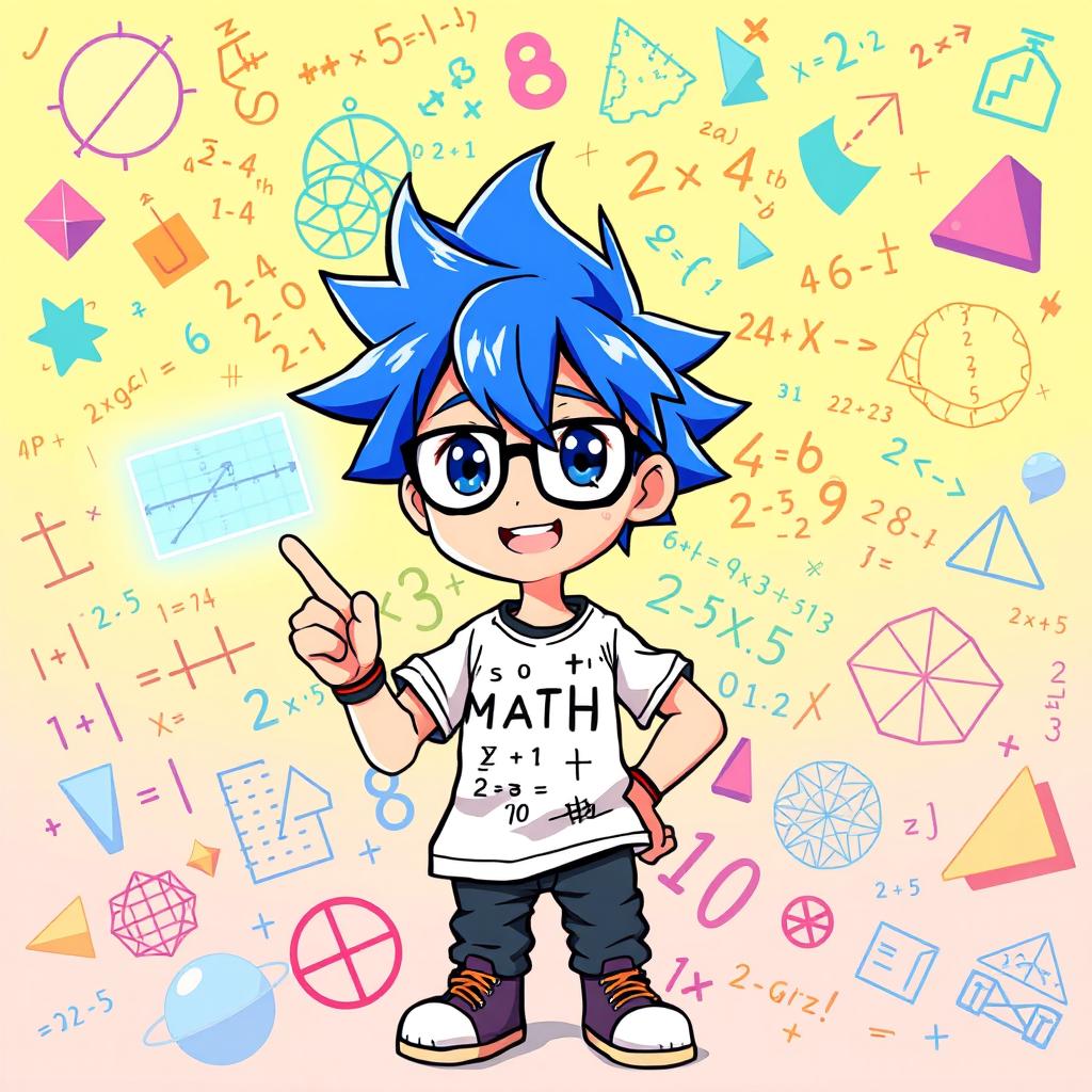 A colorful and engaging math poster featuring a single anime character standing confidently amid various mathematical equations and symbols