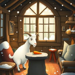 In a winter scene inside a cozy forest cabin, a white goat is curiously looking at a carrot on a stone table