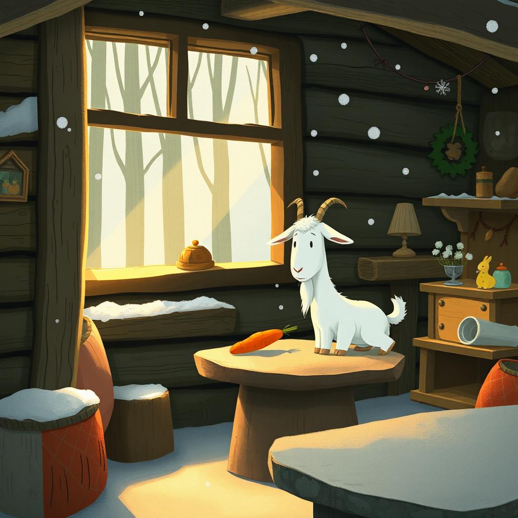 In a winter scene inside a cozy forest cabin, a white goat is curiously looking at a carrot on a stone table