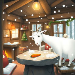 In a winter scene inside a cozy forest cabin, a white goat is curiously looking at a carrot on a stone table