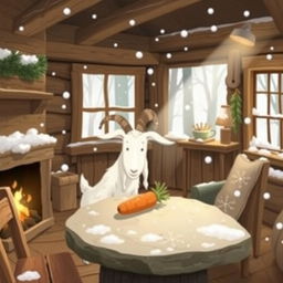 In a winter scene inside a cozy forest cabin, a white goat is curiously looking at a carrot on a stone table
