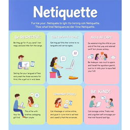A vibrant and engaging poster illustrating the concept of Netiquette rules with visually appealing graphics