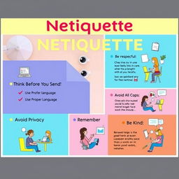 A vibrant and engaging poster illustrating the concept of Netiquette rules with visually appealing graphics
