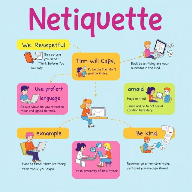 A vibrant and engaging poster illustrating the concept of Netiquette rules with visually appealing graphics