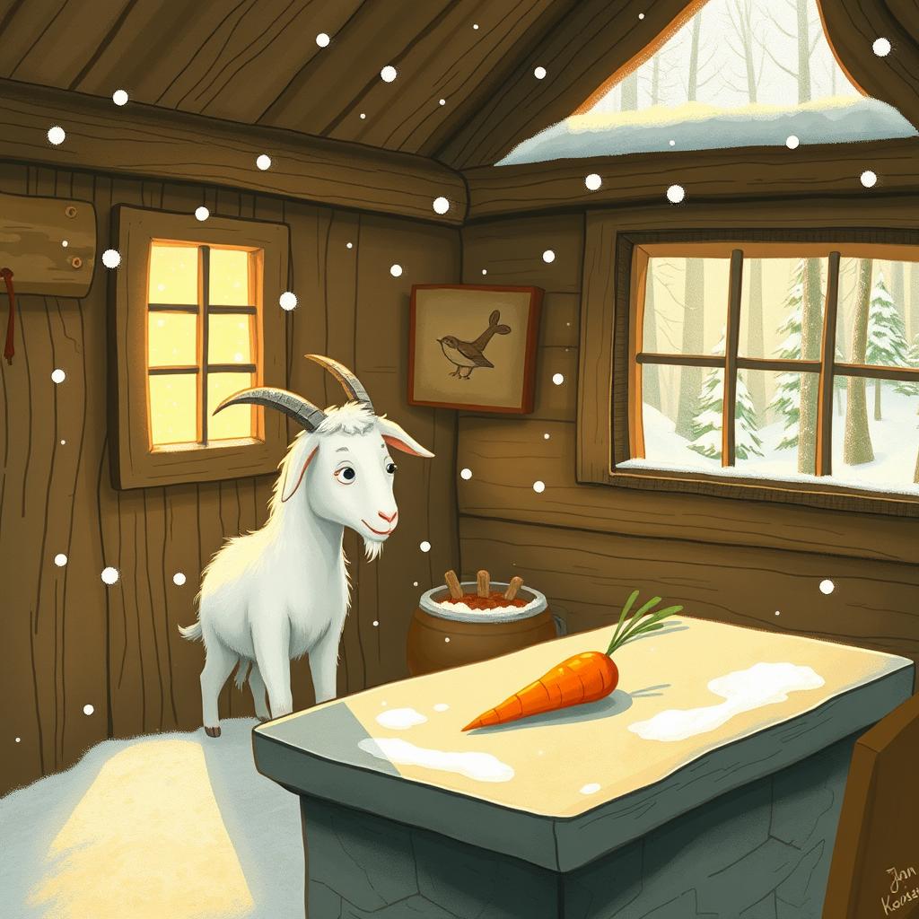 In a winter scene inside a cozy forest cabin, a white goat gazes curiously at a carrot placed on a stone table