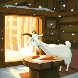 In a winter scene inside a cozy forest cabin, a white goat gazes curiously at a carrot placed on a stone table