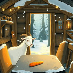 In a winter scene inside a cozy forest cabin, a white goat gazes curiously at a carrot placed on a stone table