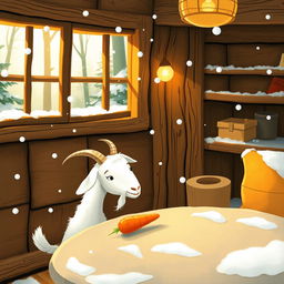 In a winter scene inside a cozy forest cabin, a white goat gazes curiously at a carrot placed on a stone table