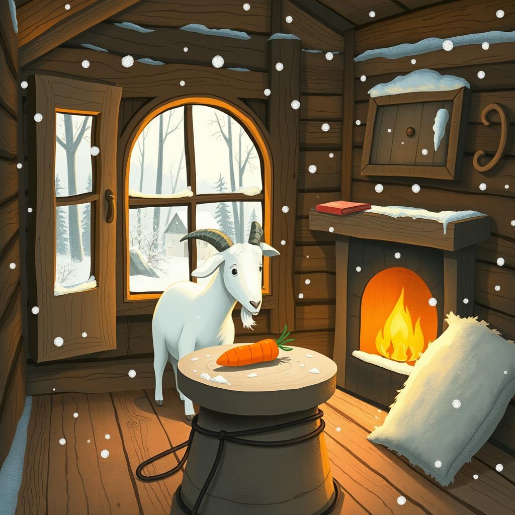 In a winter scene inside a cozy forest cabin, a white goat is looking at a carrot placed on a round stone table