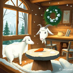 In a winter scene inside a cozy forest cabin, a white goat is looking at a carrot placed on a round stone table
