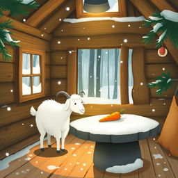 In a winter scene inside a cozy forest cabin, a white goat is looking at a carrot placed on a round stone table