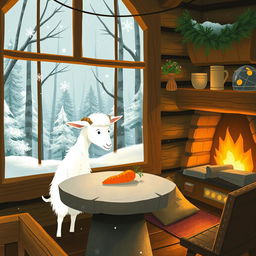 In a winter scene inside a cozy forest cabin, a white goat is staring at a carrot placed on a round stone table
