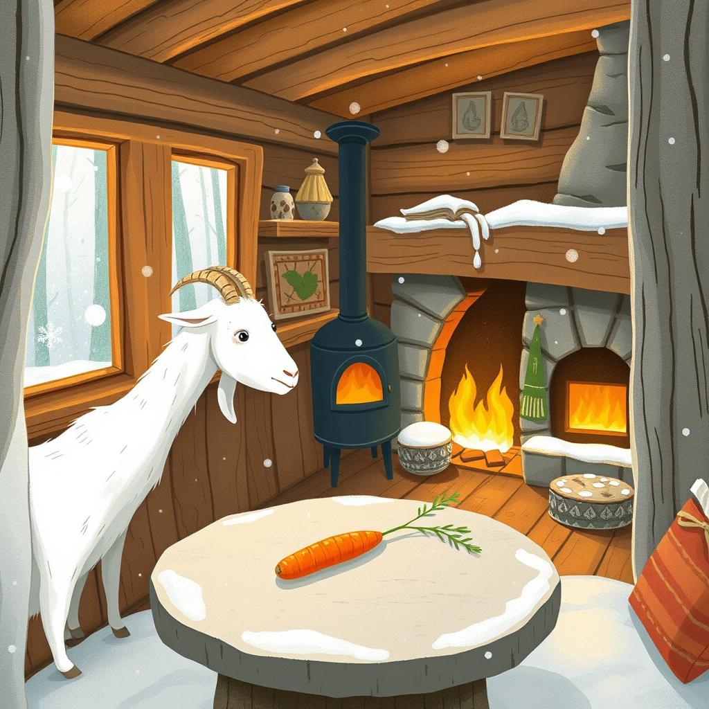 In a winter scene inside a cozy forest cabin, a white goat is staring at a carrot placed on a round stone table