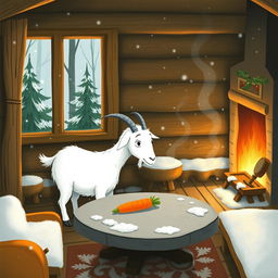In a winter scene inside a cozy forest cabin, a white goat is staring at a carrot placed on a round stone table