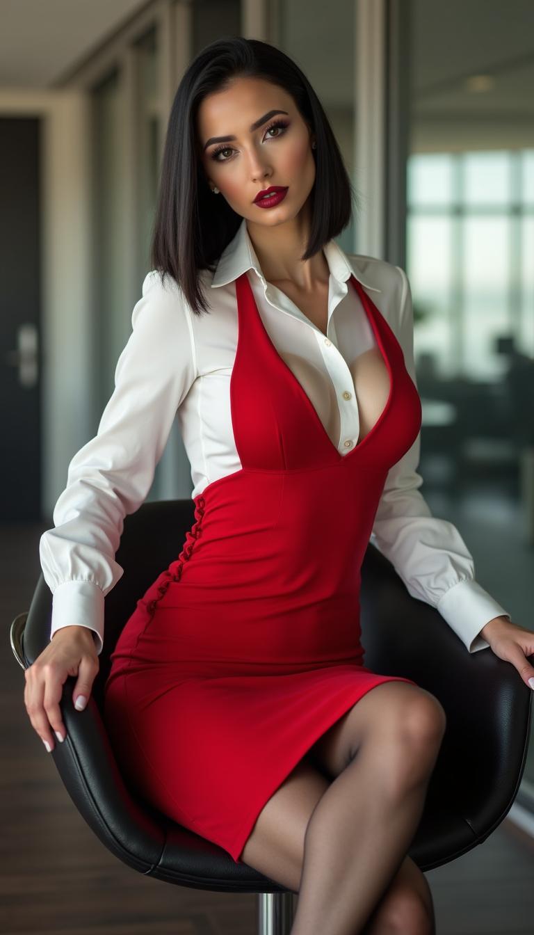 A confident and alluring businesswoman at 25 years old, captured in a full photo while sitting elegantly on a chair and crossing her legs