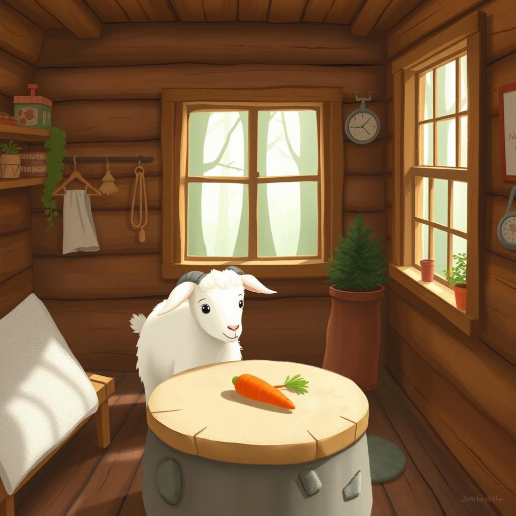 Inside a cozy forest cabin, a cute white goat is noticing a carrot placed on a round stone table