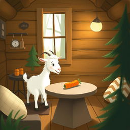 Inside a cozy forest cabin, a cute white goat is noticing a carrot placed on a round stone table