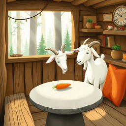 Inside a cozy forest cabin, a cute white goat is noticing a carrot placed on a round stone table