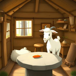 Inside a cozy forest cabin, a cute white goat is noticing a carrot placed on a round stone table