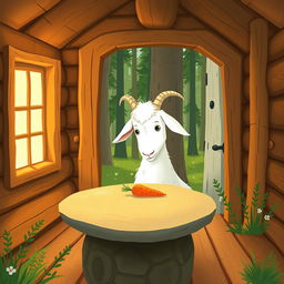 Inside a cozy forest cabin, a white goat is curiously gazing at a carrot on a round stone table