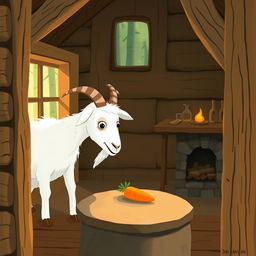 Inside a cozy forest cabin, a white goat is curiously gazing at a carrot on a round stone table