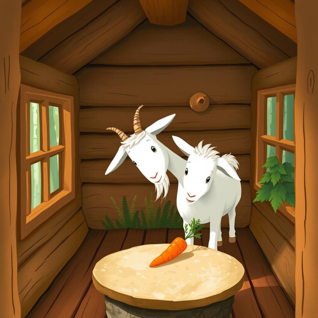 Inside a cozy forest cabin, a white goat is curiously gazing at a carrot on a round stone table